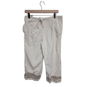 Units Linen Blend Capri Pants Embroidered Hem‎ Drawstring Waist Beige Small